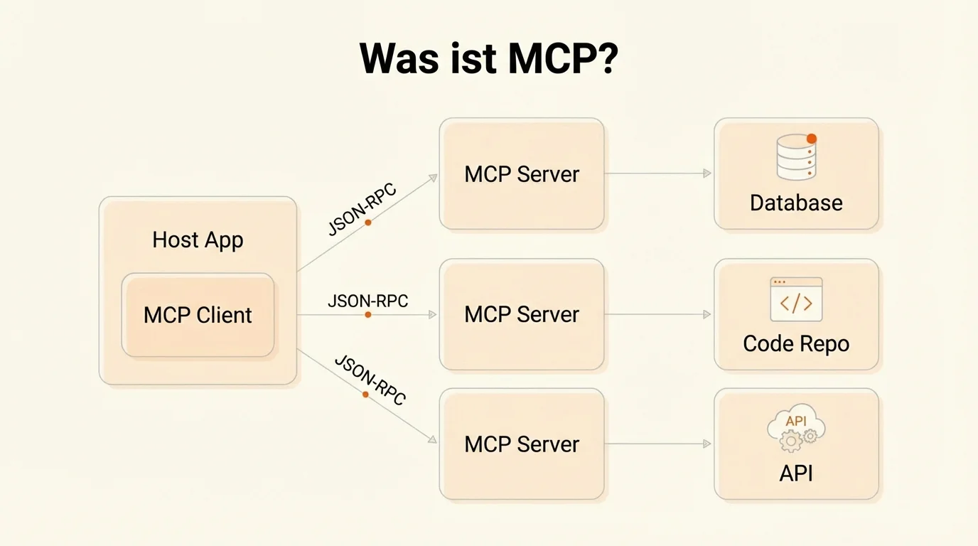 MCP Architektur-Diagramm: Host App mit MCP Client verbunden zu mehreren MCP Servern via JSON-RPC