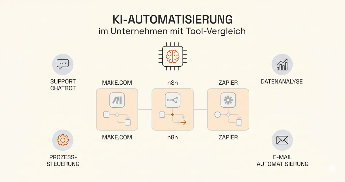 Infografik zum Vergleich von KI-Automatisierungstools Make.com, n8n und Zapier mit Anwendungsbereichen